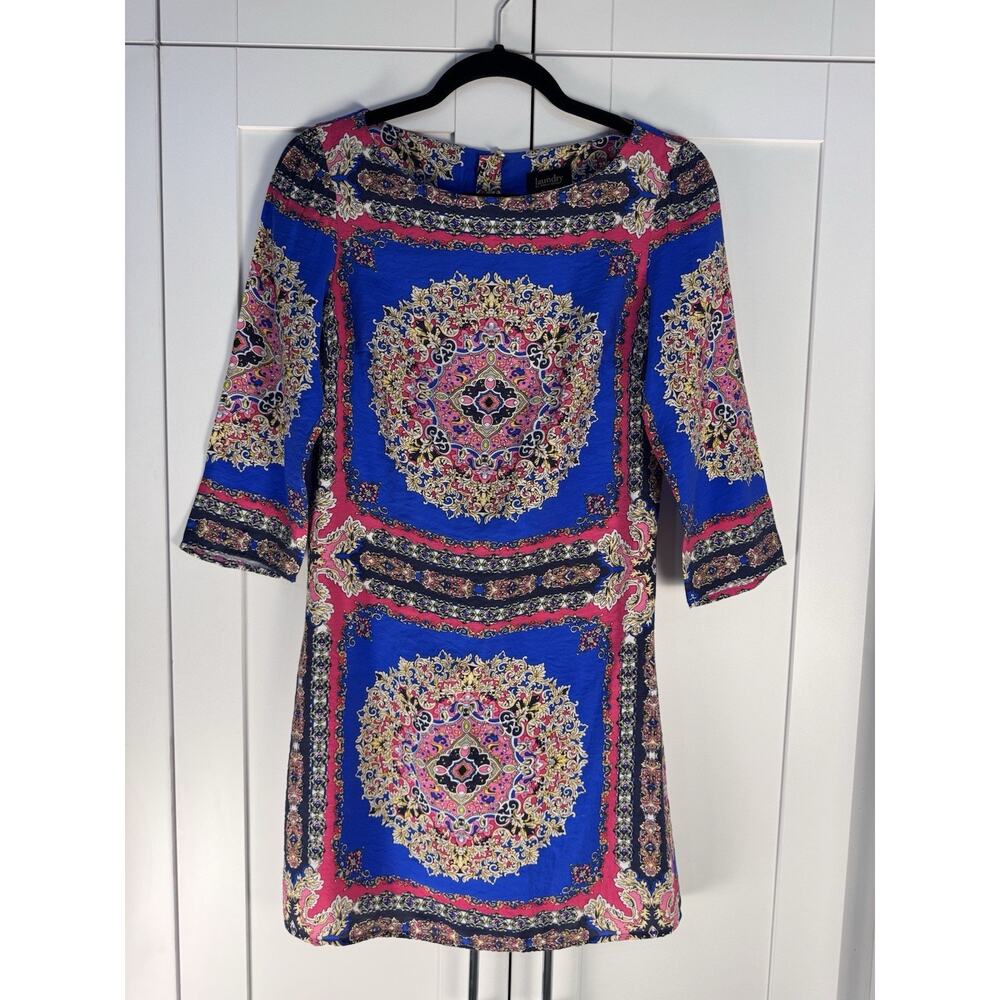 Laundry By Shelli Segal Baroque Medallion Shift Dress Blue Pink Sz 2 Boho Resort
